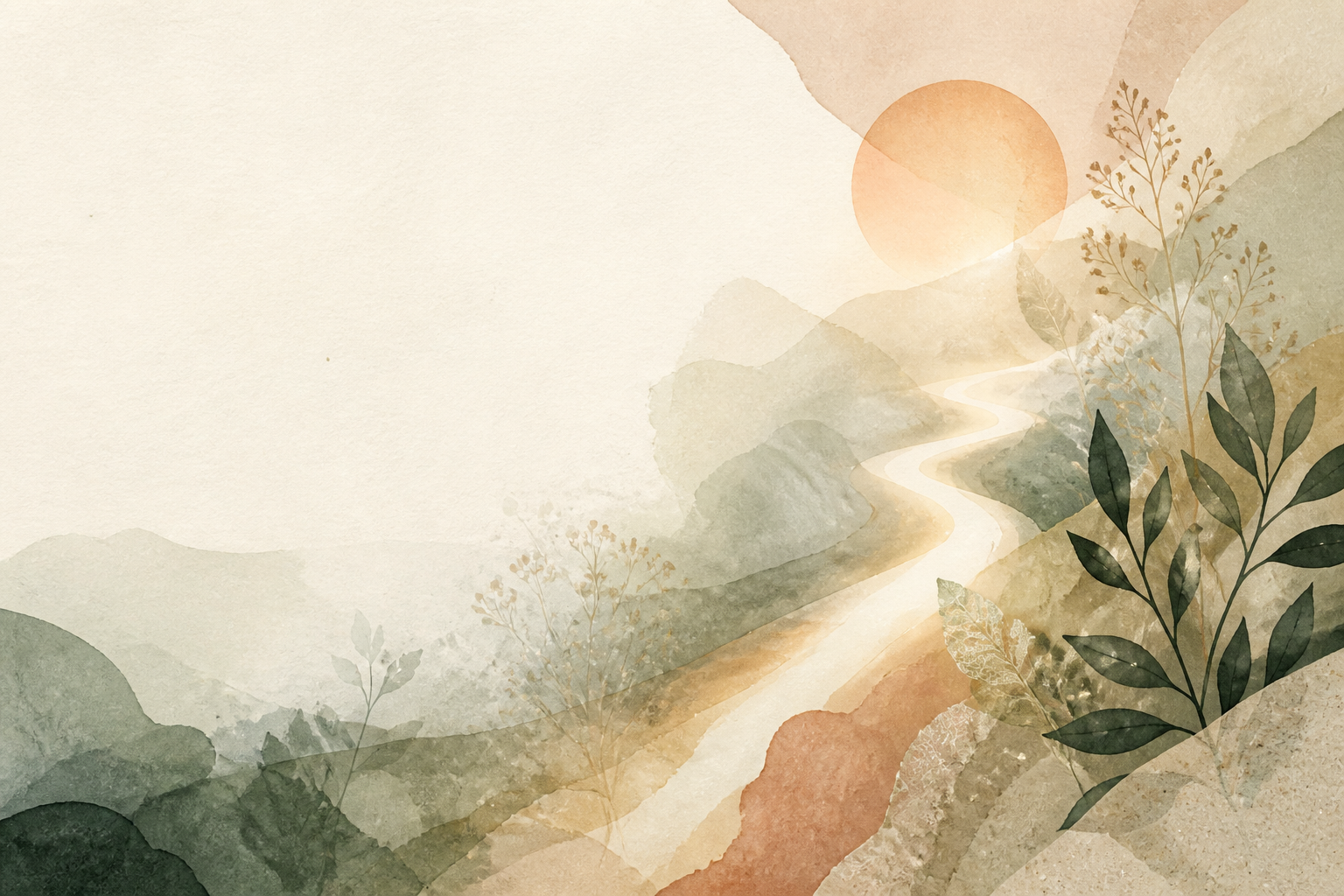 Abstract watercolor path moving through layered mist toward a warm light
